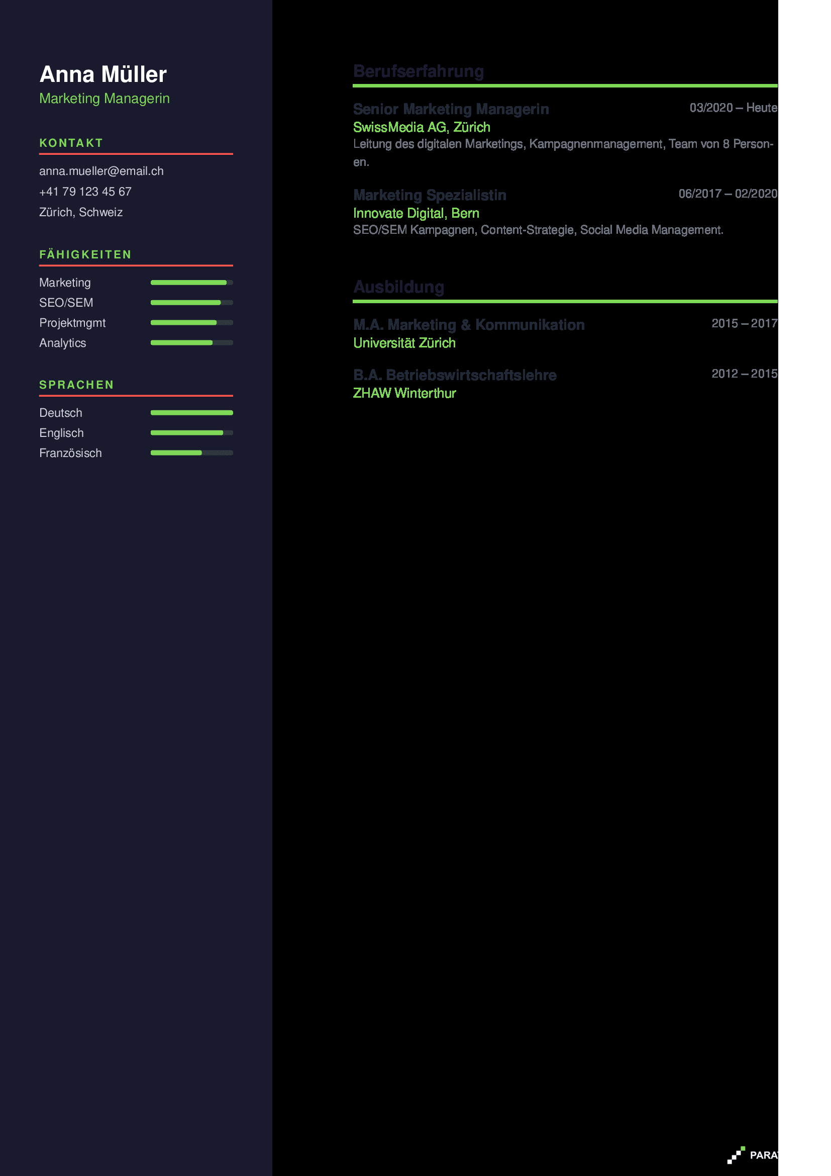 Moderner CV erstellt mit PARAT
