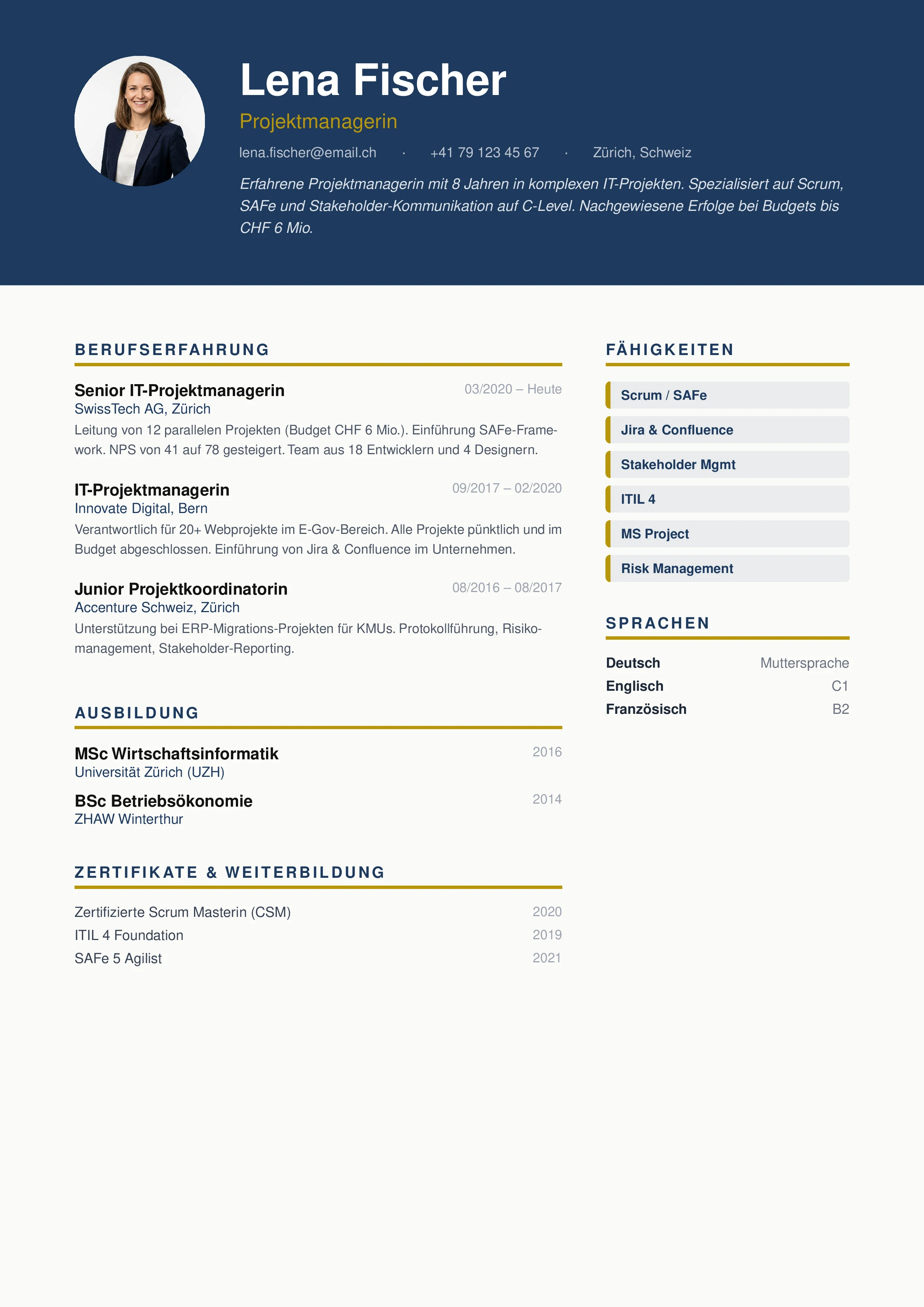 PARAT CV Classic Template — Professioneller Schweizer Lebenslauf für Projektmanagerin Lena Fischer, klassisches Layout für den CH-Arbeitsmarkt