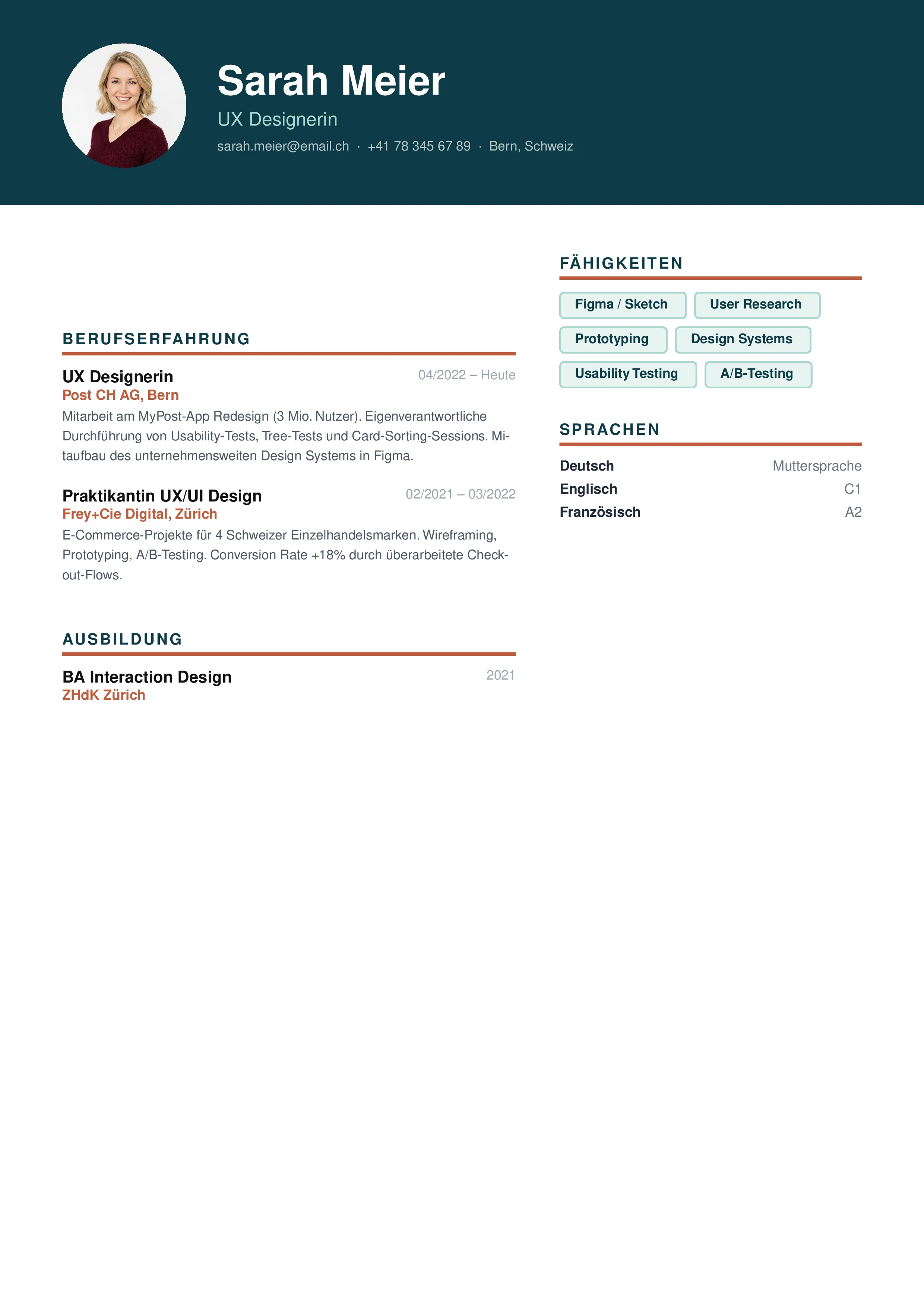 PARAT CV Creative Template — Kreativer Schweizer Lebenslauf für UX Designerin Sarah Meier, dunkles Premium-Layout für Kreativberufe