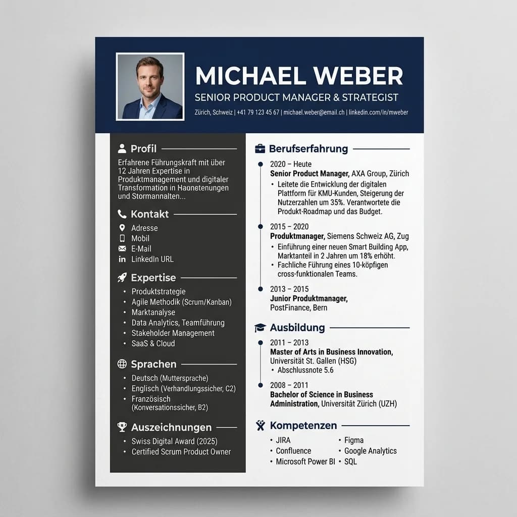 PARAT CV Impact Template — Premium Schweizer Lebenslauf für Executives, starkes Design für maximale Wirkung