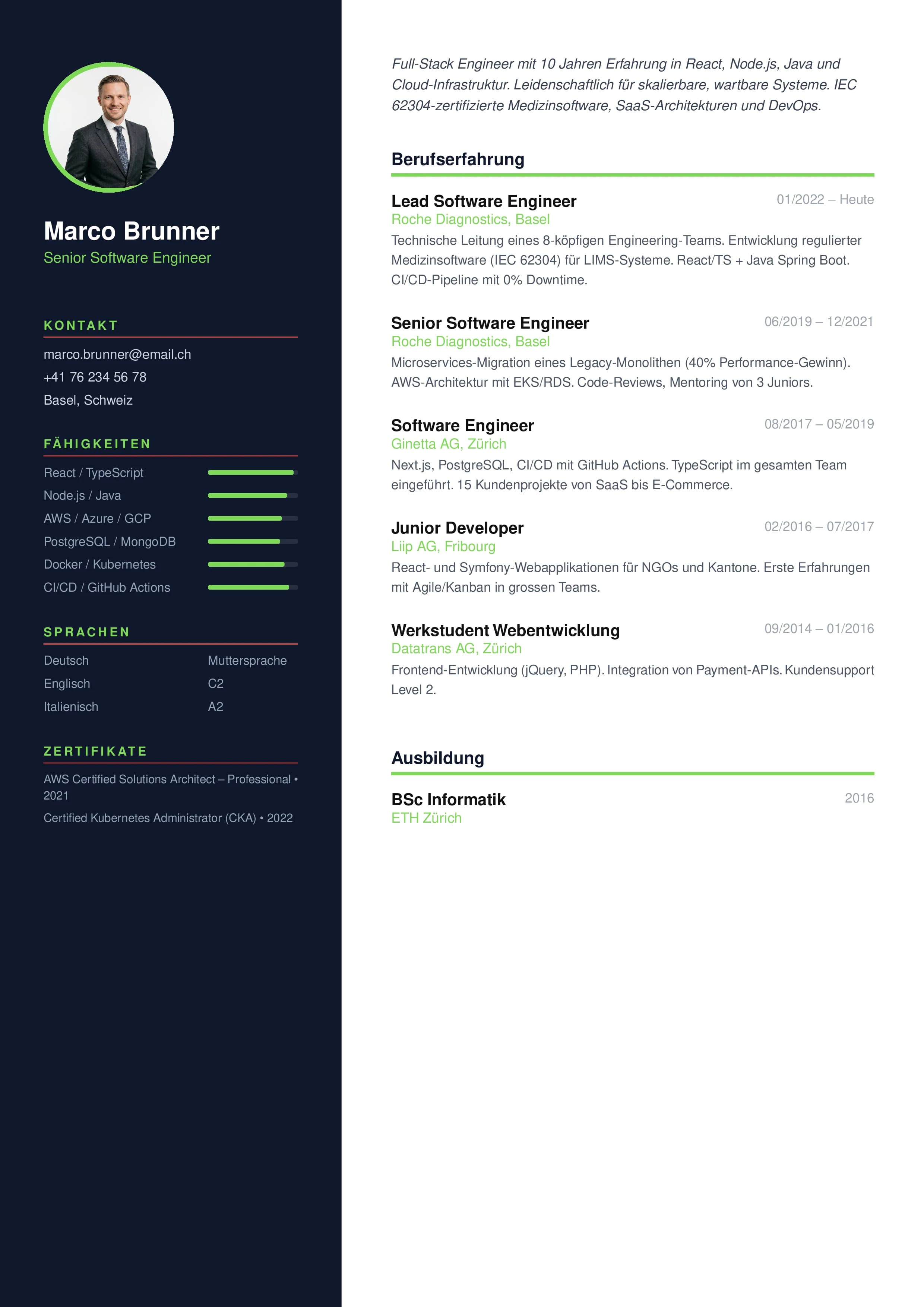 PARAT CV Modern Template — Moderner Schweizer Lebenslauf für Software Engineer Marco Brunner, grünes KI-optimiertes Design für den Tech-Sektor