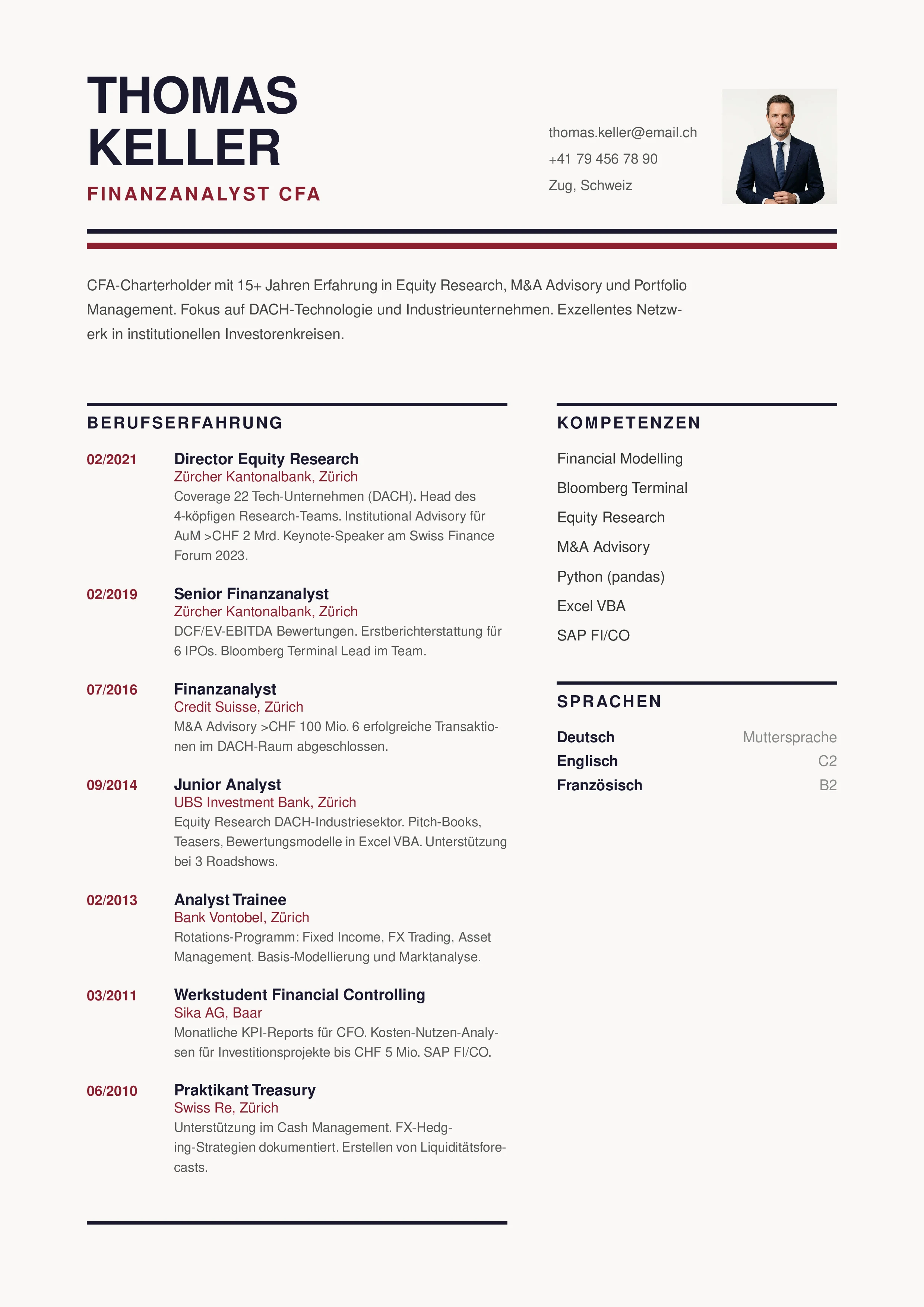 PARAT CV Swiss Template — Schweizer Standard-Lebenslauf für Finanzanalyst CFA Thomas Keller, roter RAV-konformer Aufbau