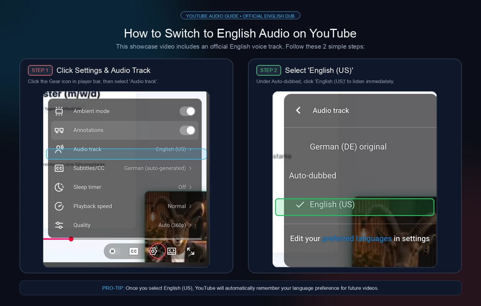 How to switch to English audio track in YouTube player