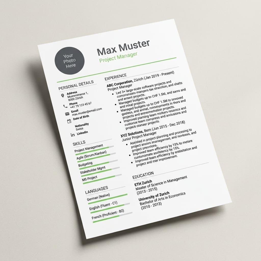 Vorschau: Einfache Schweizer CV Vorlage – professionelles Layout mit Foto, Erfahrung und Skills