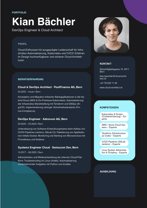 PARAT CV Creative Portfolio V2 Template — Dark-Mode Design für DevOps Engineer Kian Bächler, starke Kontraste für Tech-Berufe