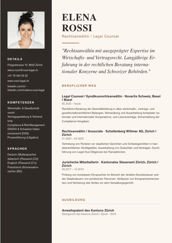PARAT CV Editorial V2 Template — Warmes Beige mit edlen Serifenschriften für Rechtsanwältin Elena Rossi