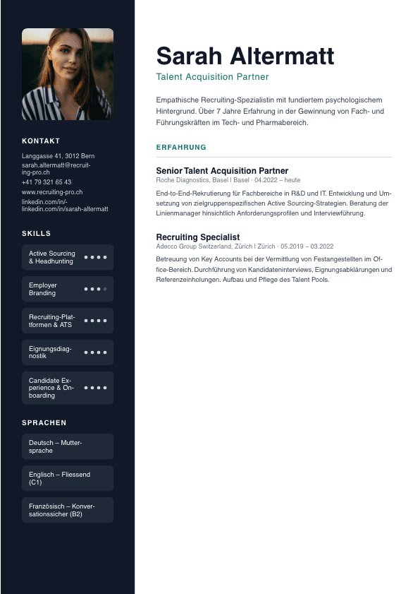 PARAT CV Modern Two-Column V2 Template — Elegantes zweispaltiges Design mit Teal-Akzenten für Talent Acquisition Partner Sarah Altermatt