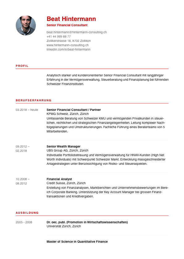 PARAT CV Swiss Style Template — Minimalistischer Lebenslauf für Financial Consultant Beat Hintermann, Schweizer Raster-Prinzip für Finance & Consulting