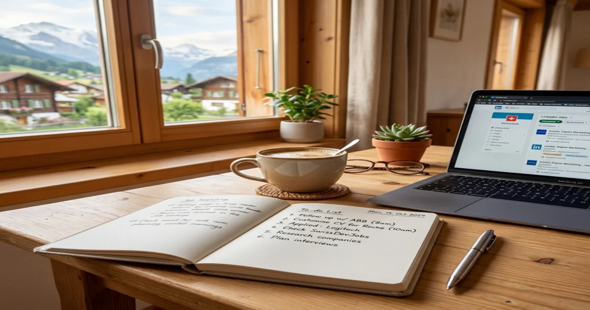 Nahaufnahme einer halbvollen Kaffeetasse und eines Notizbuchs auf einem Holztisch