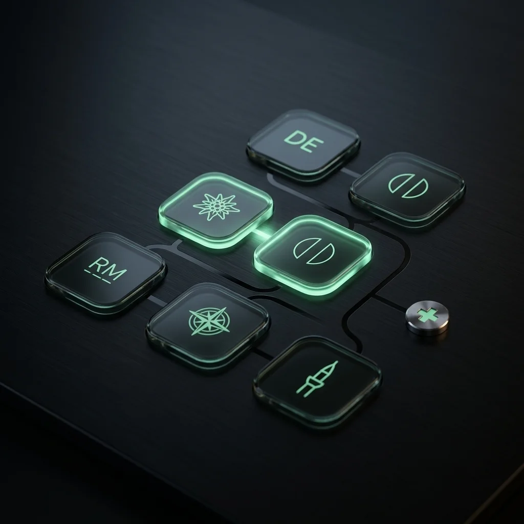 Glassmorphism Sprachauswahl-Interface mit mint grünem Leuchten auf dunklem Hintergrund — symbolisiert PARAT in 7 Sprachen