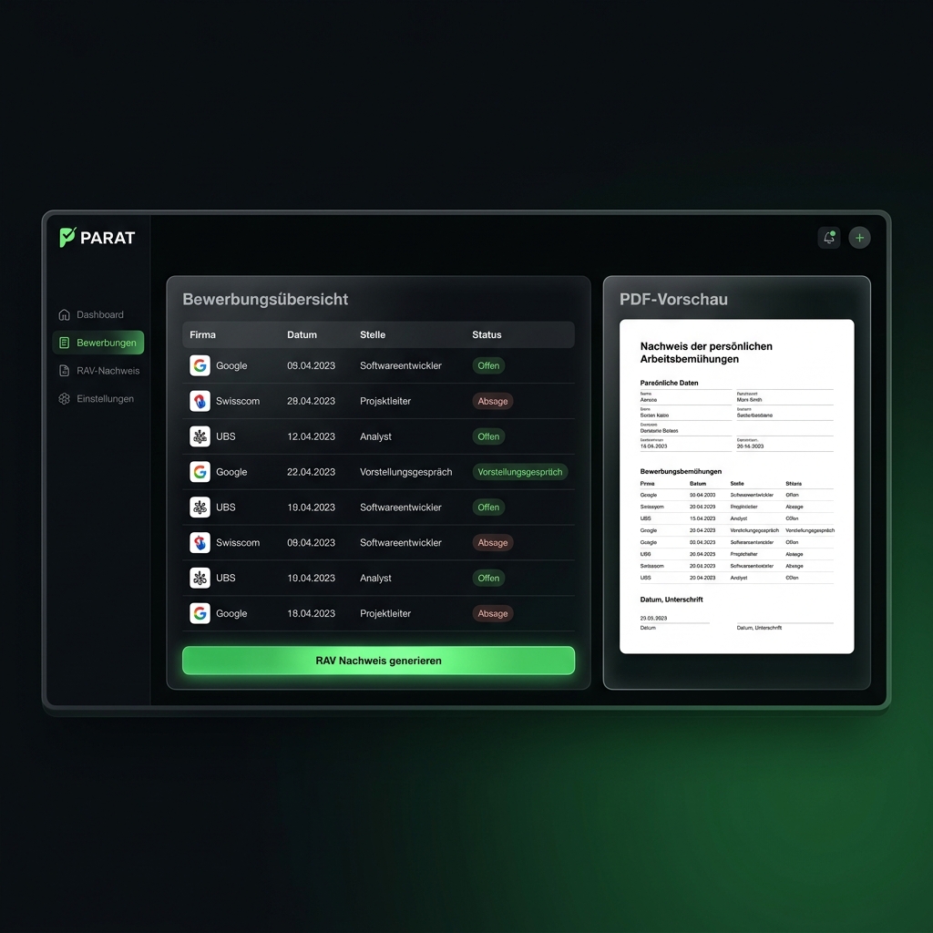 Dashboard von PARAT mit automatisch ausgefülltem RAV-Nachweis Formular auf einem Laptop