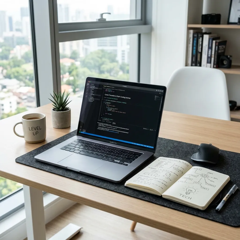 Modernes Büro Setup mit Laptop, Notizbuch und hellem Licht, symbolisch für einen Quereinstieg in die Tech-Welt